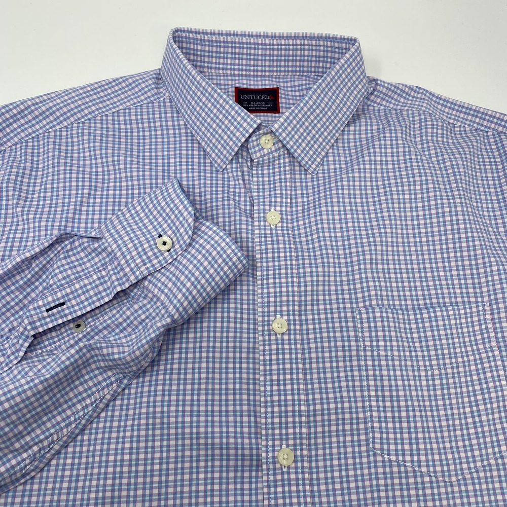 Untuckit Mens XL Blue Pink Check Long Sleeve‎ Button Up Nylon Blend Shirt